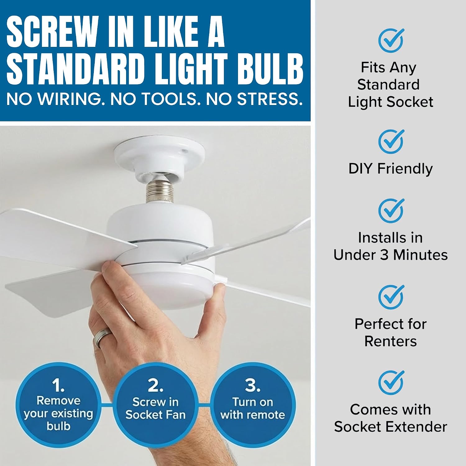 Detalle de Bell+Howell Socket Breeze 15.4" Socket Fan Light with Remote Control