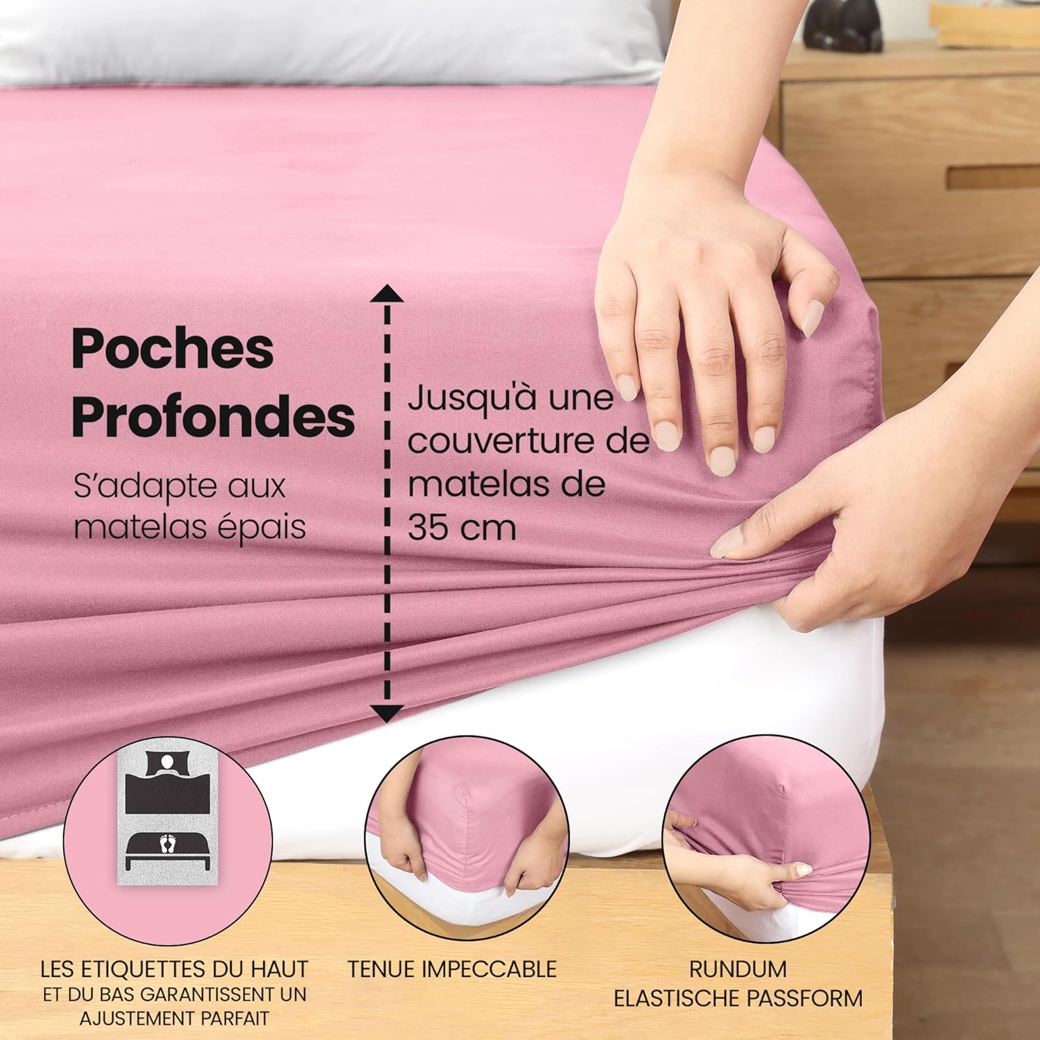 Thumbnail 4 de Utopia Bedding Drap Housse Rose 160 x 200 cm – Certifié OEKO-TEX, poches 35 cm