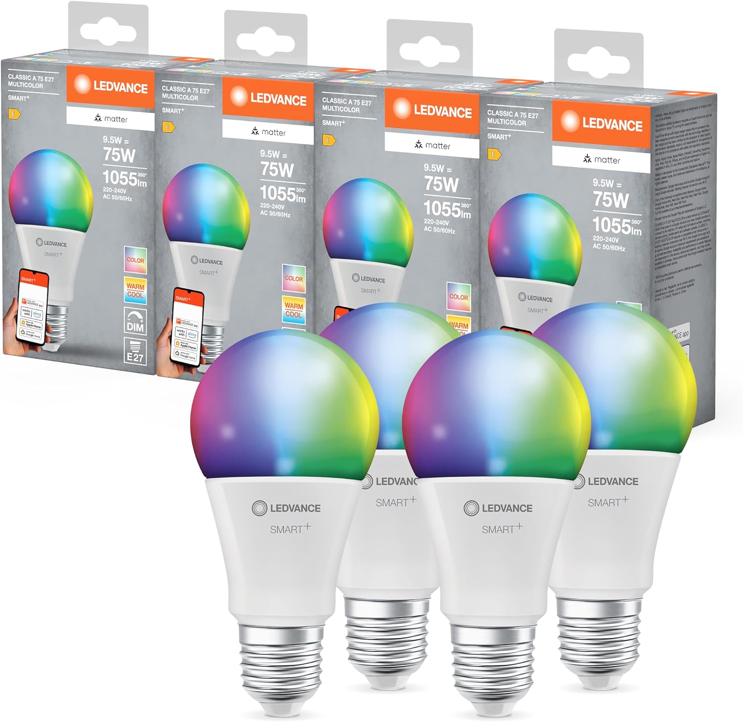 Detalle de LEDVANCE SMARTMATA759,5W-827230VRGBWFRE274X1LEDV, żarówki LED SMART+ MATTER E27, RGBW, 1055 lm, zestaw 4