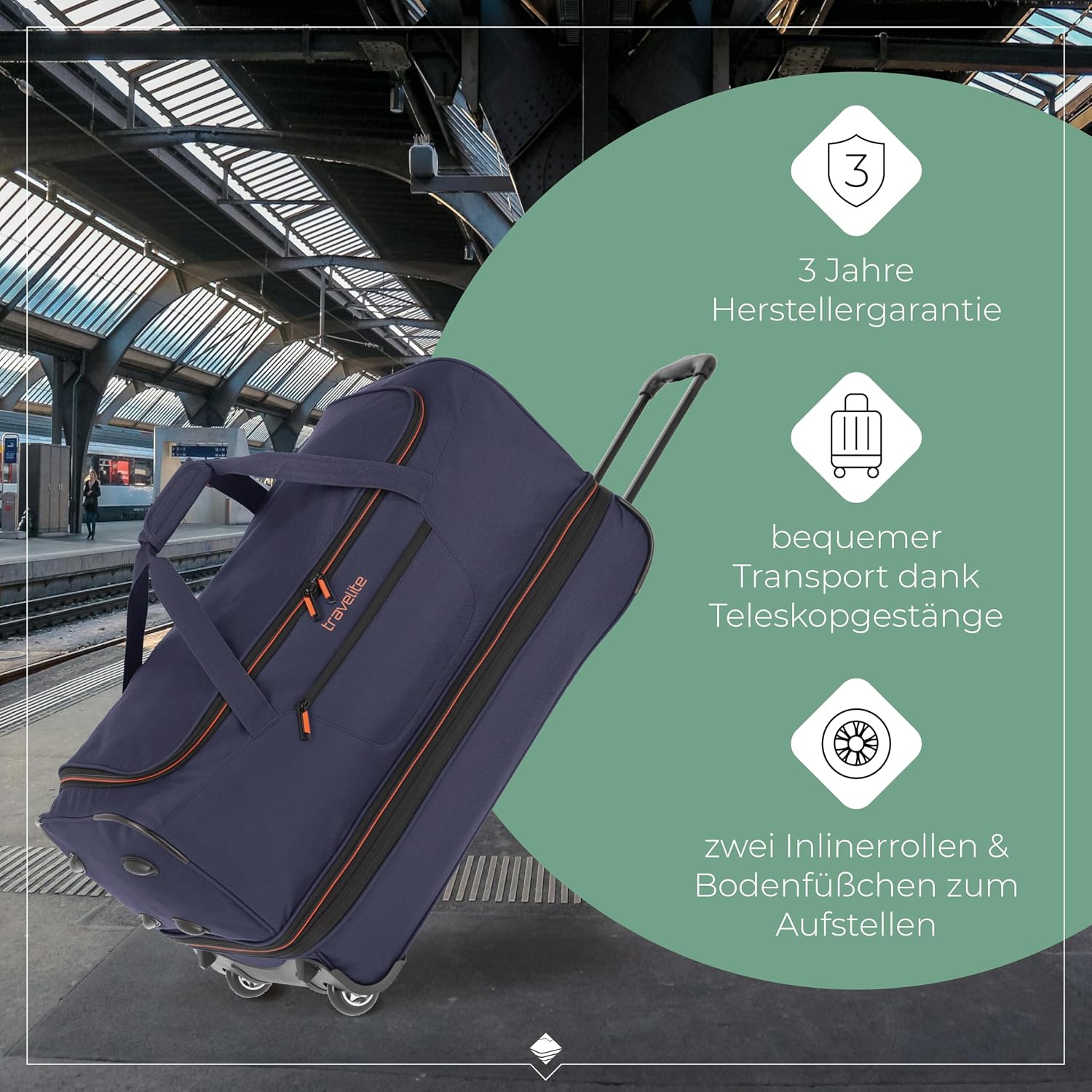 Detalle de Travelite Trolley Reisetasche mit Rollen groß – 98–119 L, erweiterbar, 70 cm