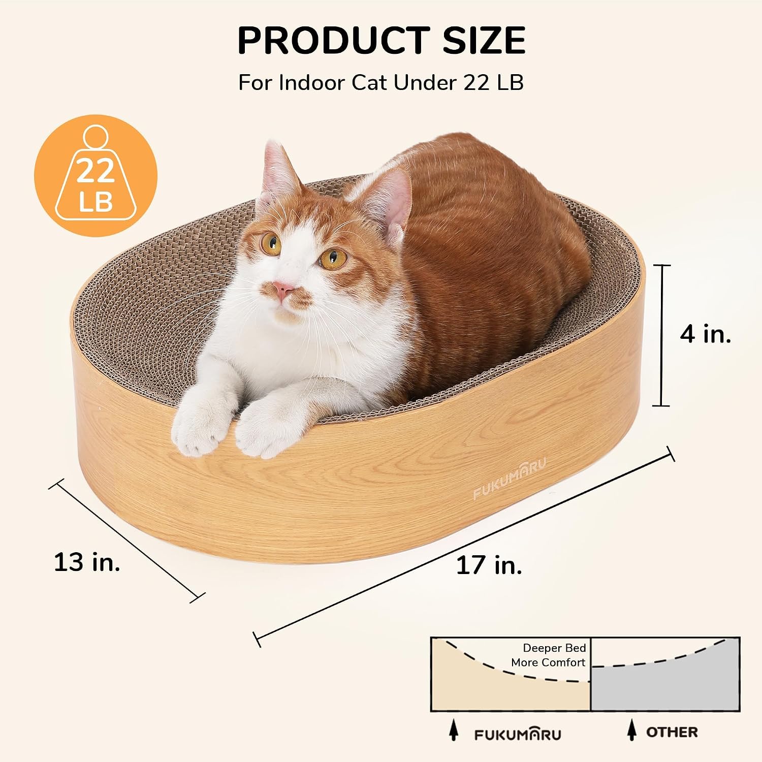 Detalle 2 de FUKUMARU Cat Scratcher Cardboard Lounge Bed (2-in-1 oval scratch pad) in wood colour