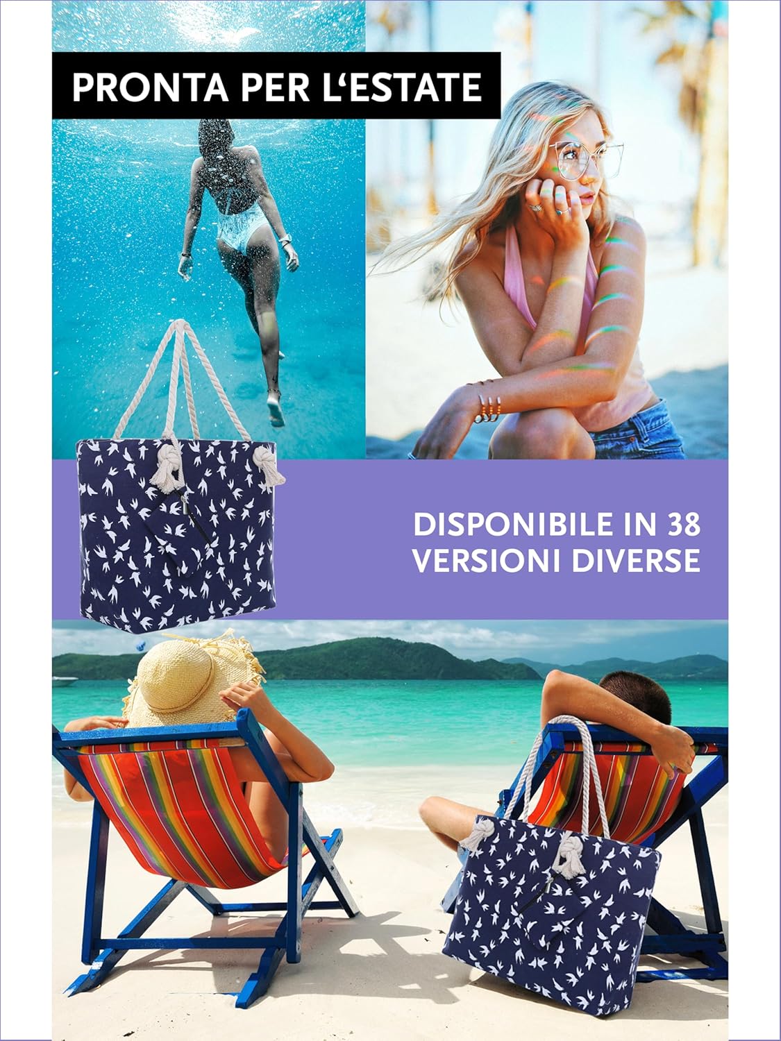 Detalle de DonDon Borsa da spiaggia grande con chiusura zip 58 x 38 x 18 cm, shopper yacht style