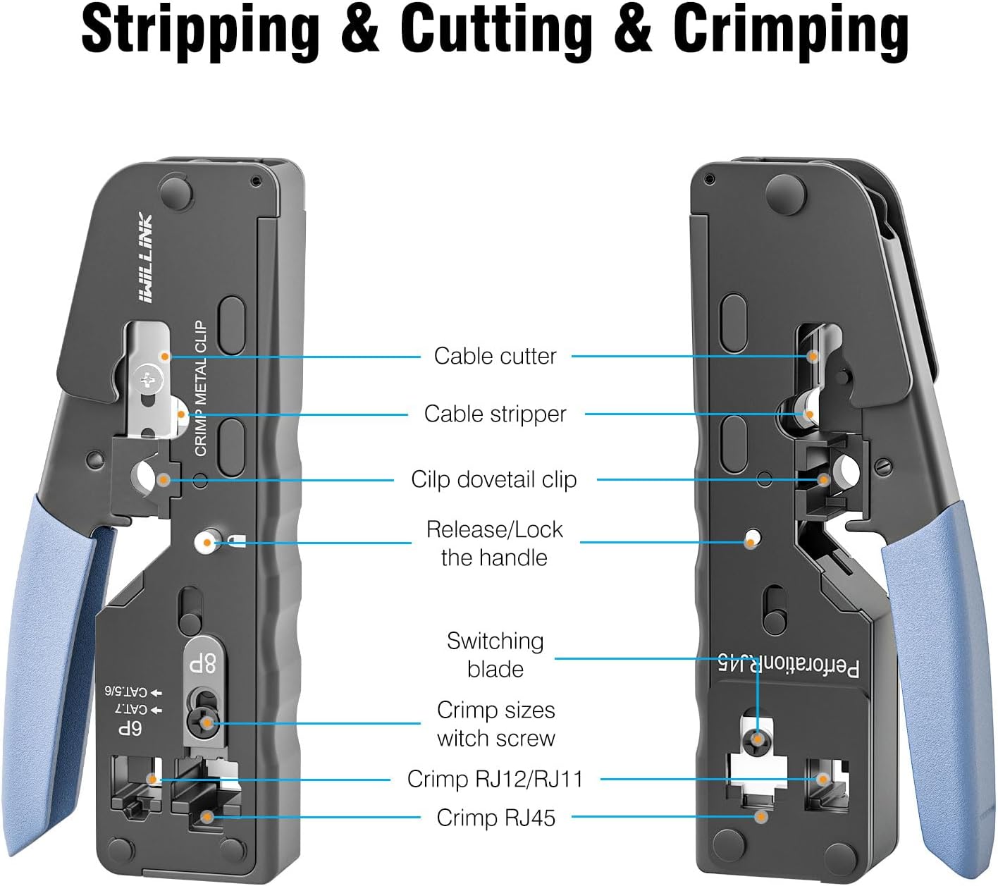Detalle de iwillink RJ45 Crimp Tool Kit (Cat6/Cat5e/Cat6A) with RJ45 crimper, punch tool, connectors and tester