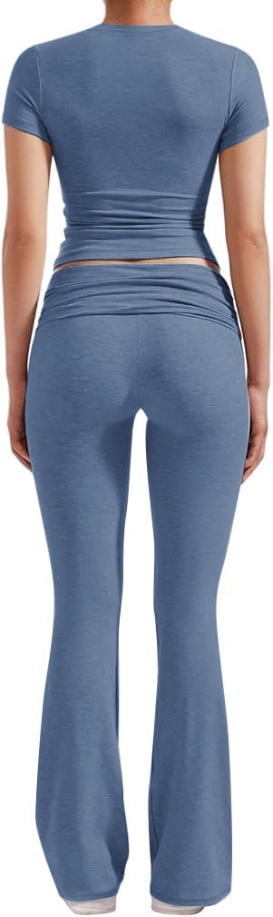 Thumbnail 1 de YETOWA Women’s 2-Piece Lounge Outfit Set: Slim Short-Sleeve Top & Low-Rise Flare Leggings