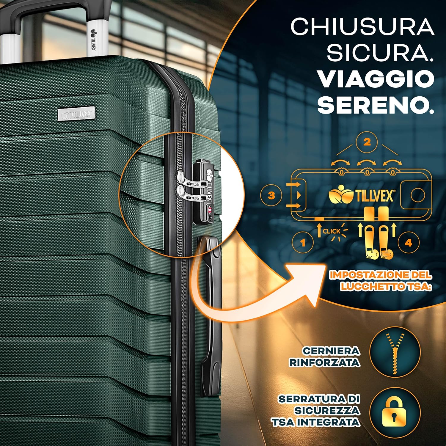 Detalle de Tillvex Set di valigie rigide 3 pezzi con bilancia, TSA e accessori – verde militare