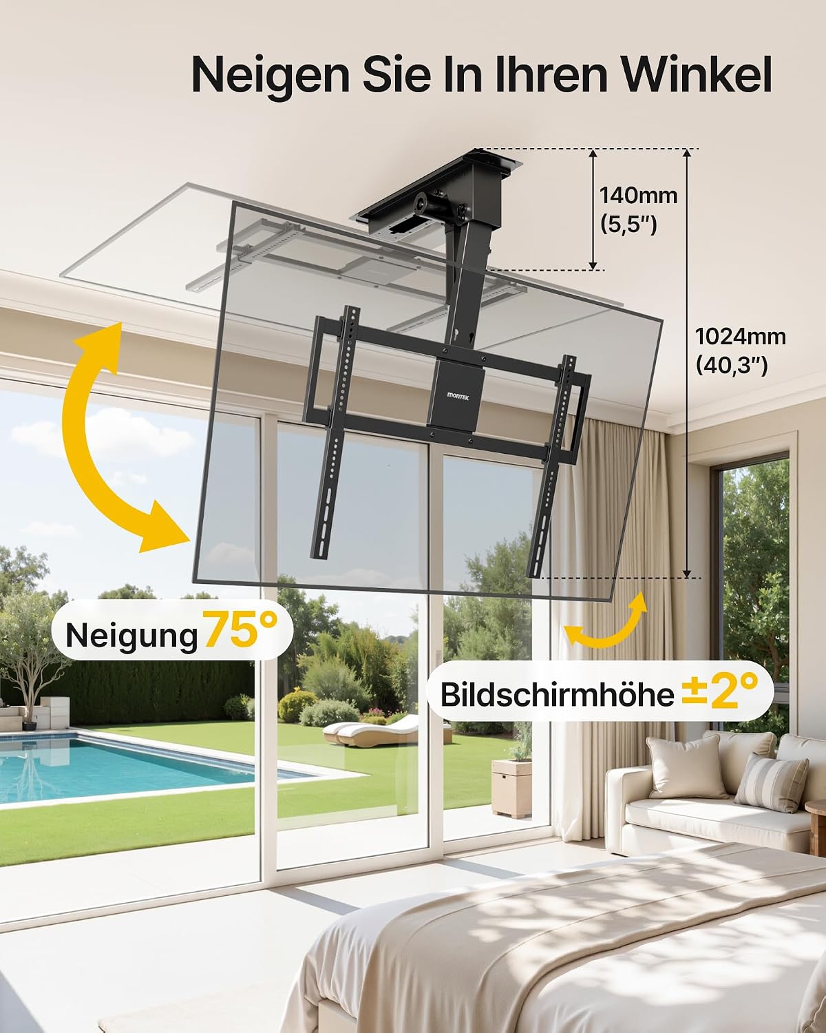 Detalle 2 de monTEK Deckenhalterung elektrisch für 43–86 Zoll – VESA 200×100 bis 600×400, bis 55 kg
