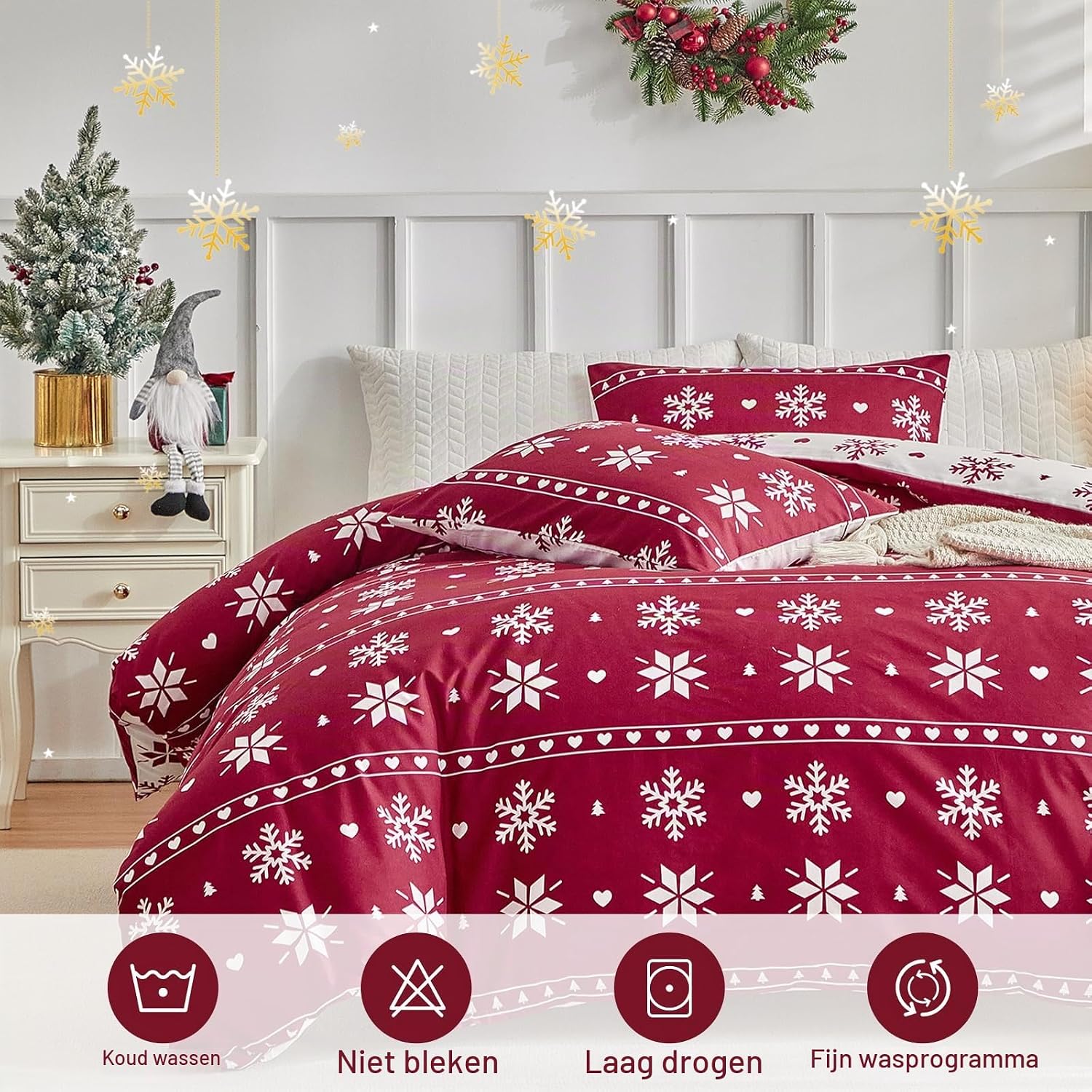 Detalle 2 de Tokokimo rood kerstdekbedovertrek 240 x 220 cm van microvezel met sneeuwvlokken