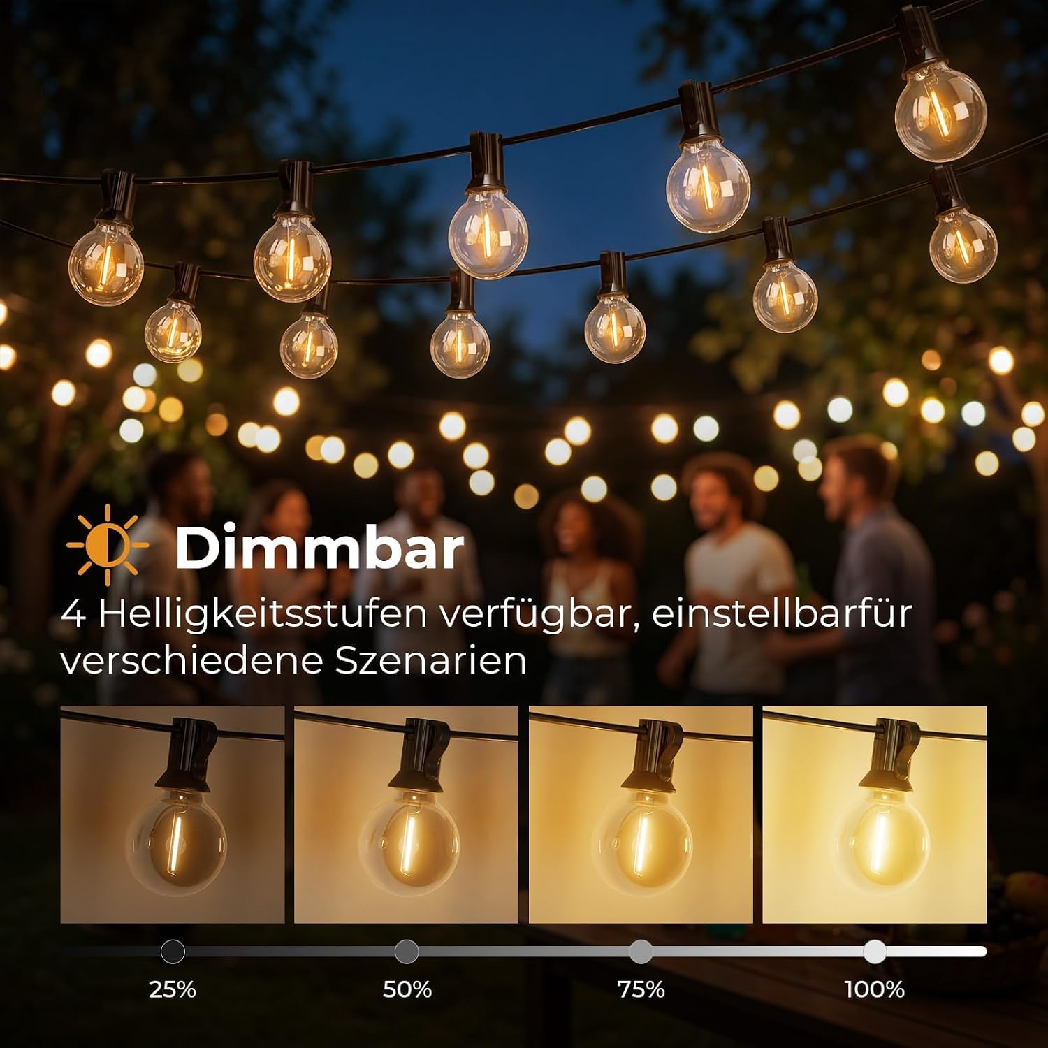 Detalle 2 de Litogo Außen-Lichterkette 15 m mit Fernbedienung – dimmbar, Timer, IP44, 18 LEDs, 24V Sicherheit, Warmweiß