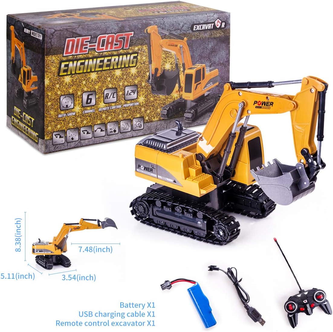 Detalle de Highttoy HH206YE zdalnie sterowana koparka RC 1:24, 6 kanałów, LED i dźwięk