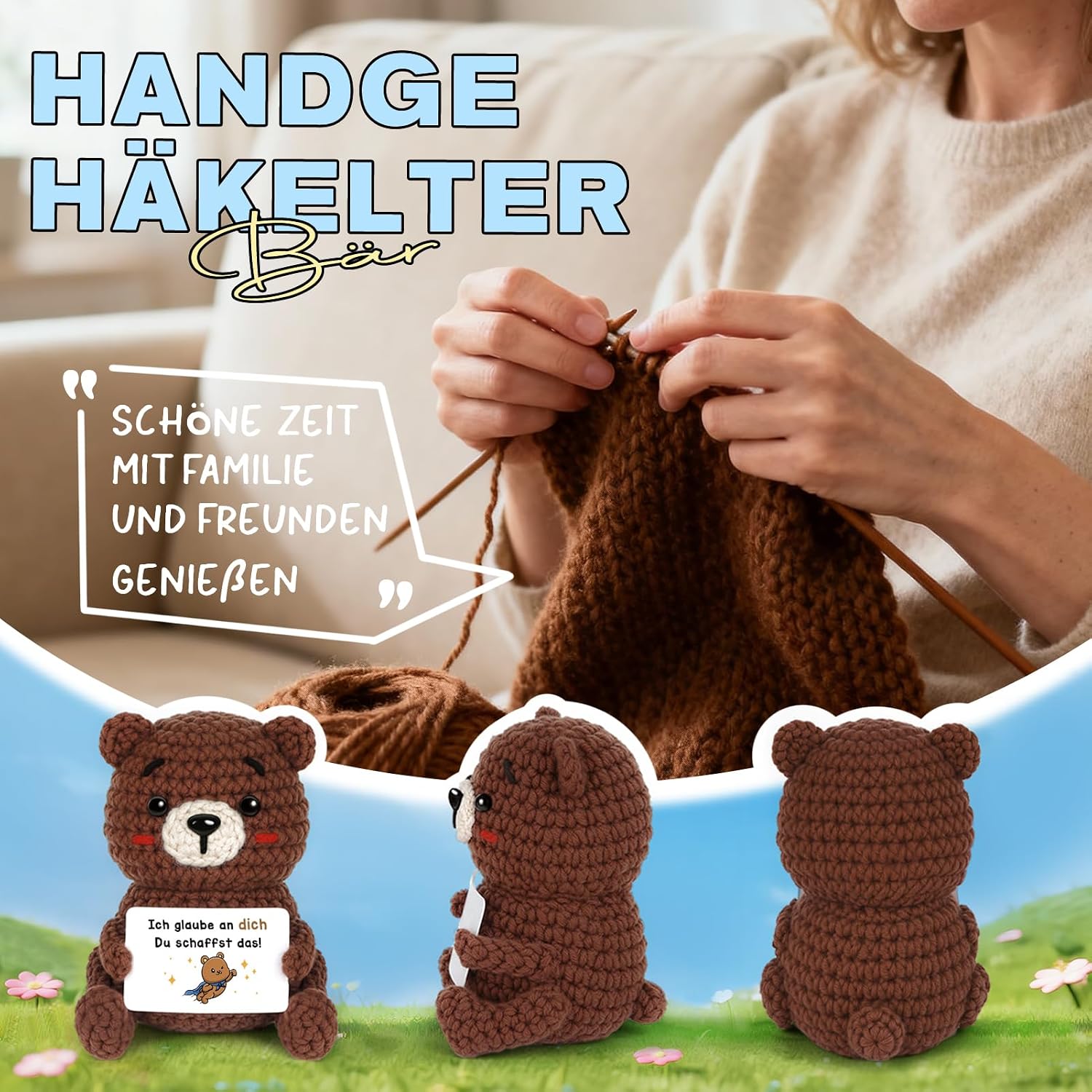 Thumbnail 1 de CheriGift Glücksbringer Prüfung – Handgehäkelter Bär als Mutmacher, Geschenk für Mann, Frau, Freundin oder Kollegin