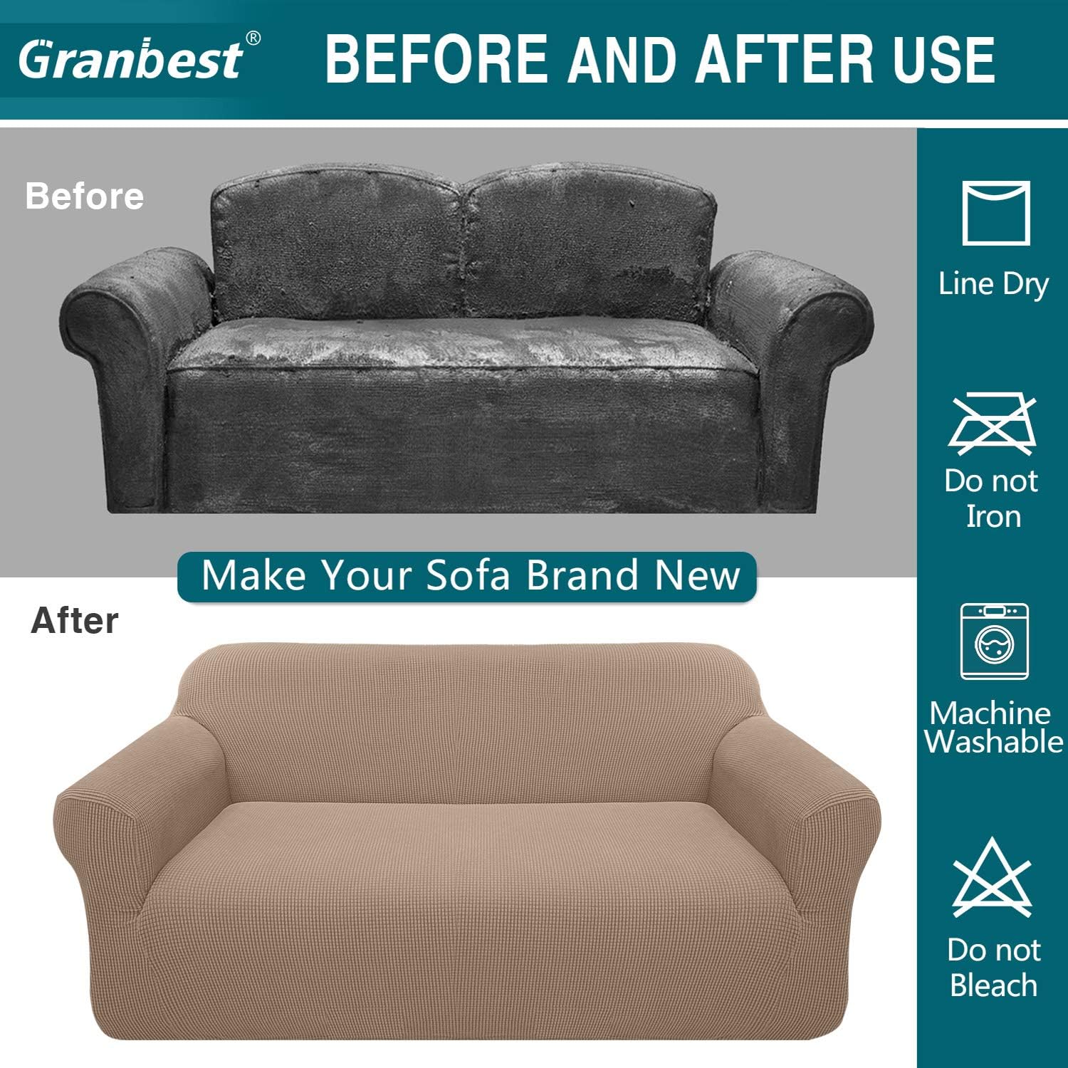 Detalle de Granbest High Stretch 3 Seater Sofa Covers (Sand) – non-slip, super soft jacquard spandex slipcover