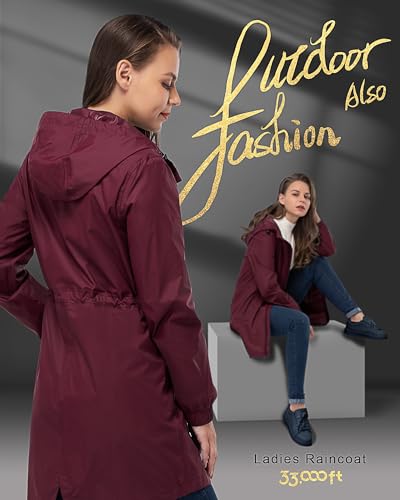 Detalle de 33,000ft Women's Rain Jacket Lightweight Hooded Long Rain Coat - Waterproof & Breathable Packable Windbreaker (Wine Red, 3XL/20-22)
