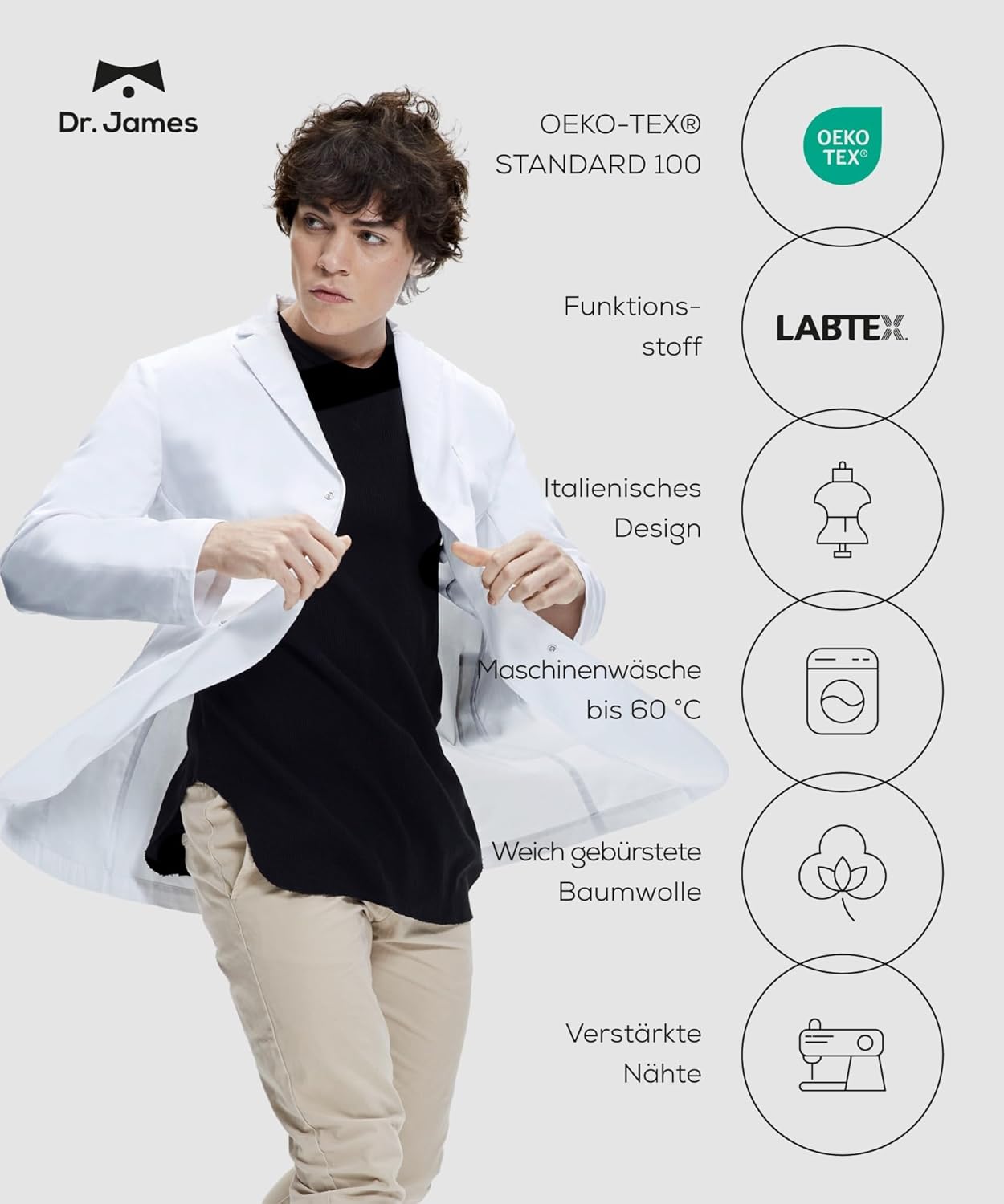 Detalle de Dr. James Laborkittel Damen: 100% Baumwolle, Regular-Fit, OEKO-TEX zertifiziert