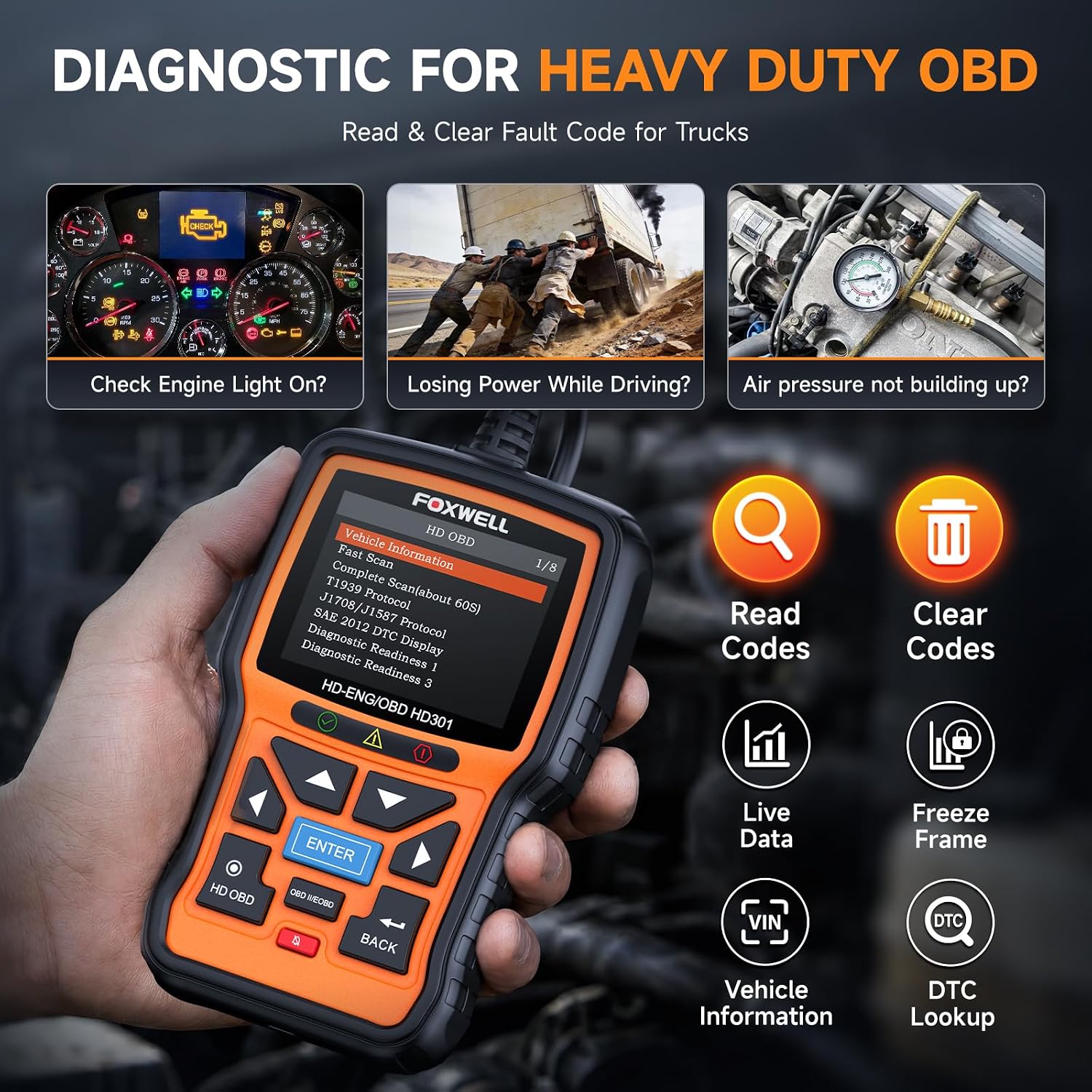 Detalle de FOXWELL HD301 Heavy Duty Truck Scanner: Full System Diesel Diagnostic Tool