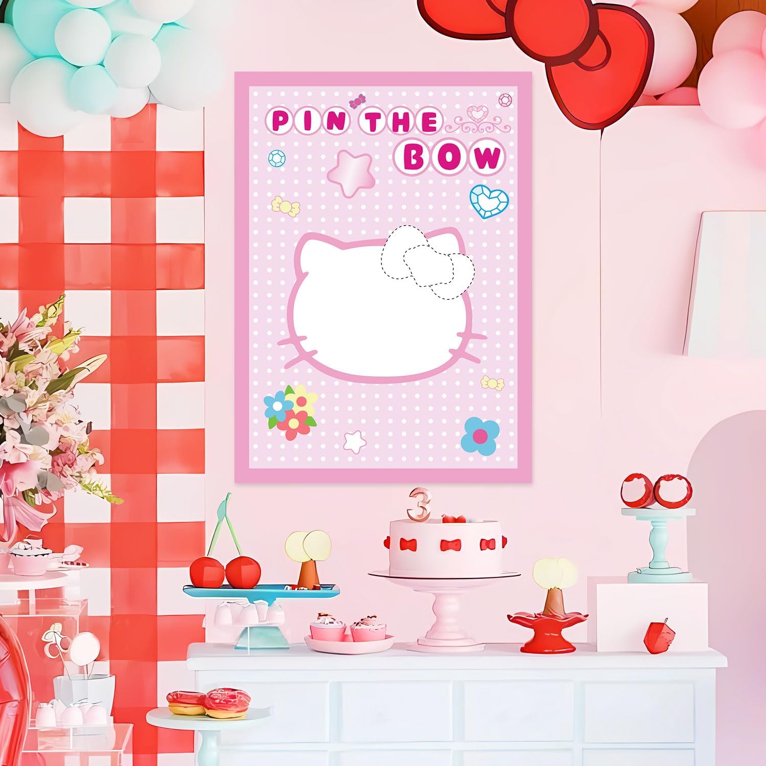 Thumbnail 5 de Cute Pink Cats Birthday Party Decoration Game: Pin the Bow on the Cat (24 Stickers + Poster)