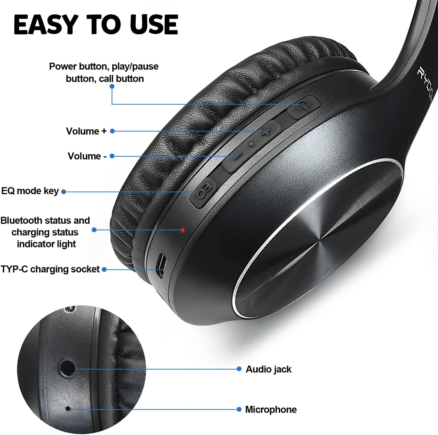 Detalle 2 de Rydohi Bluetooth Headphones 68H over ear
