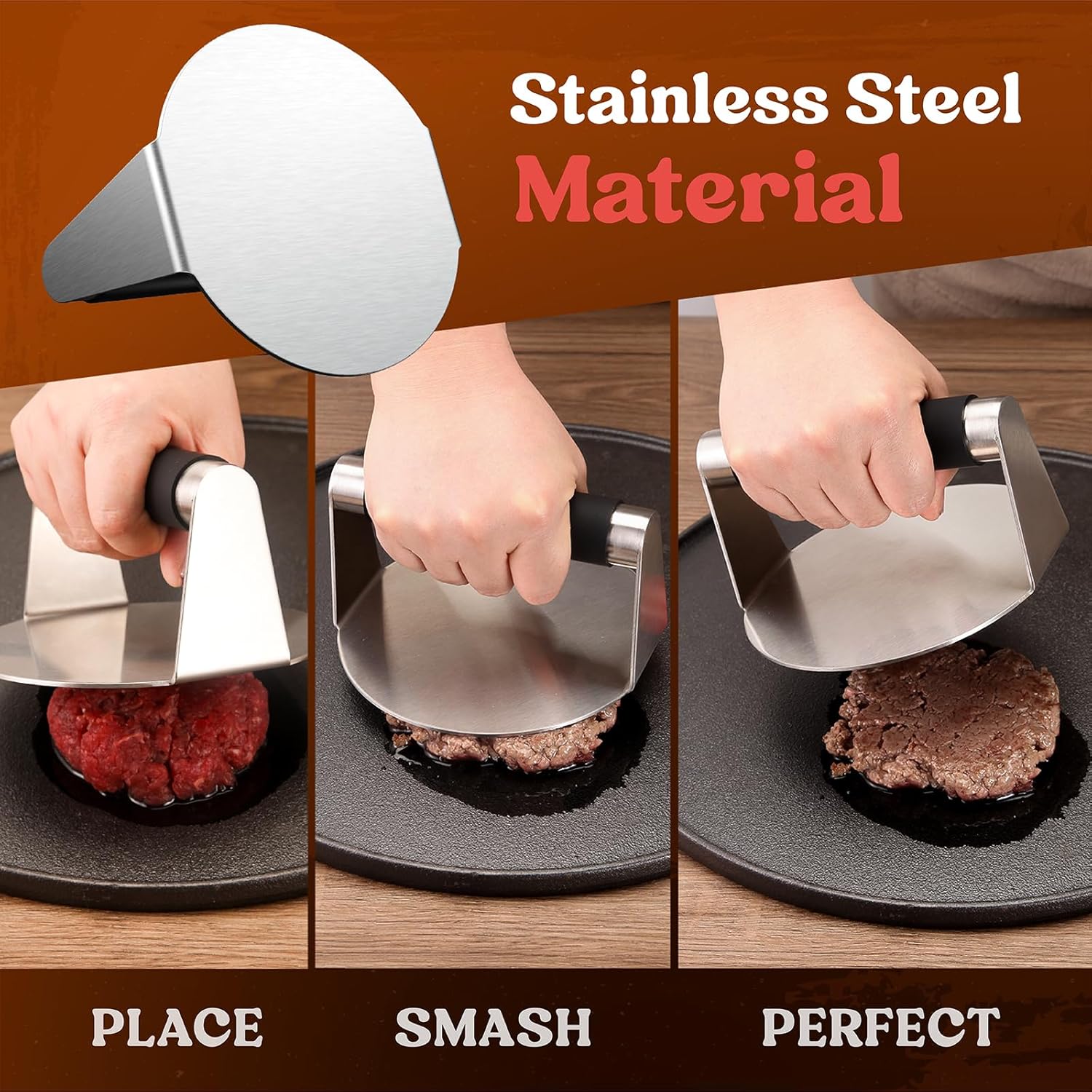 Detalle 2 de Pisol Smash Burger Press (5.5" Stainless Steel Hamburger Smasher Tool) for Griddle & Bacon