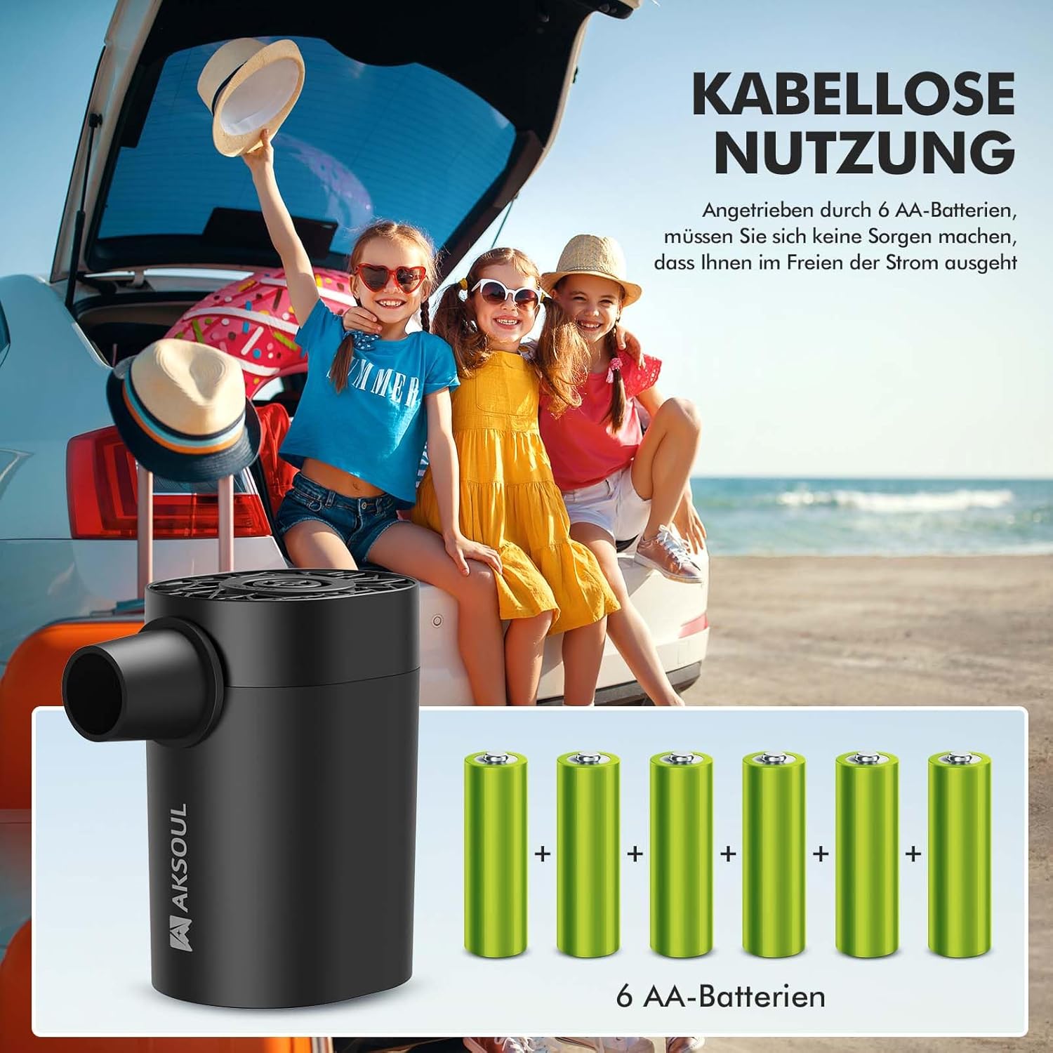 Thumbnail 2 de AKSOUL Elektrische Akku-Luftpumpe für Luftmatratzen, 200 L/min und 4000 Pa, mit 4 Düsen (AA-Betrieb)