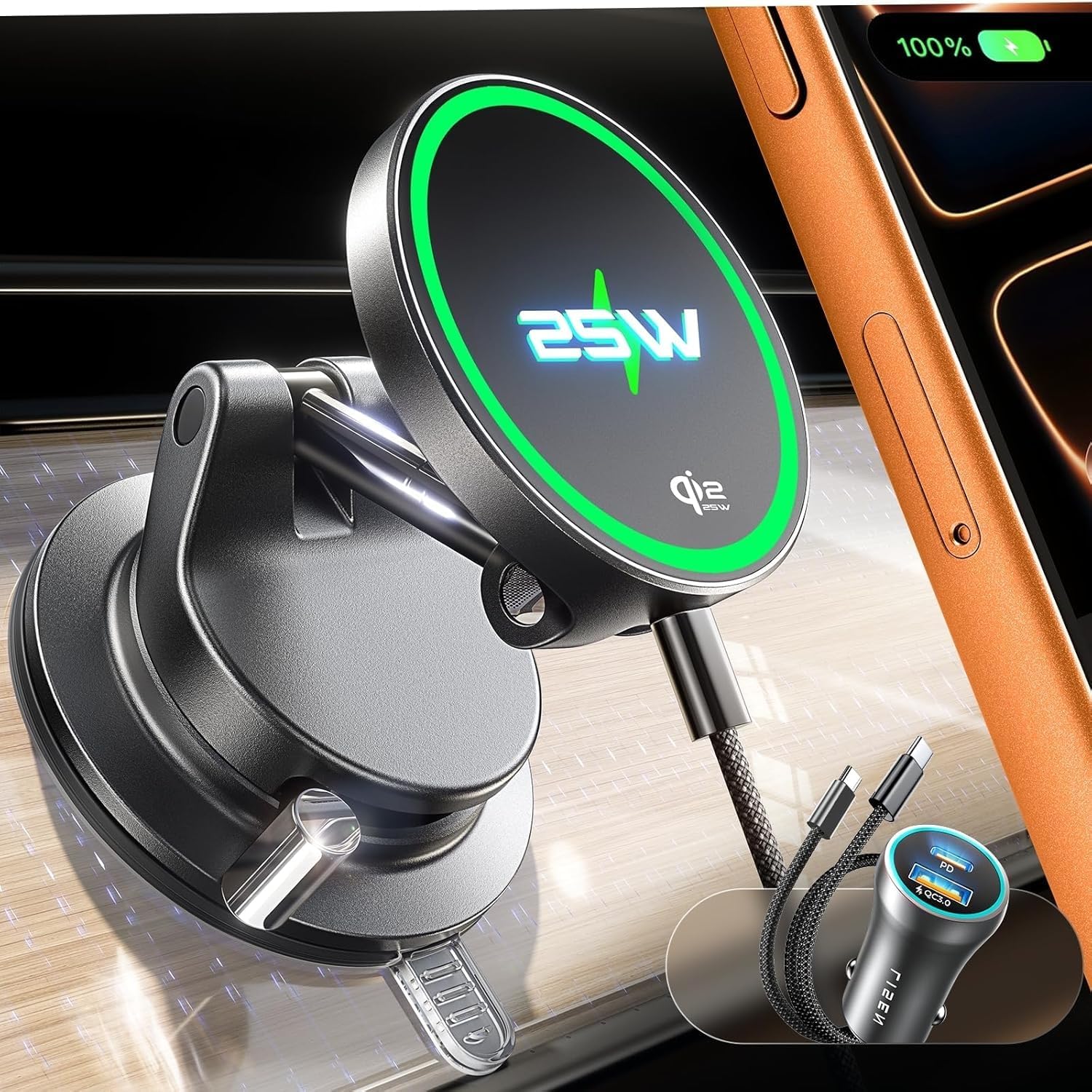 Detalle de LISEN Wireless MagSafe Car Charger with Vacuum Suction Cup — Qi2.2 25W