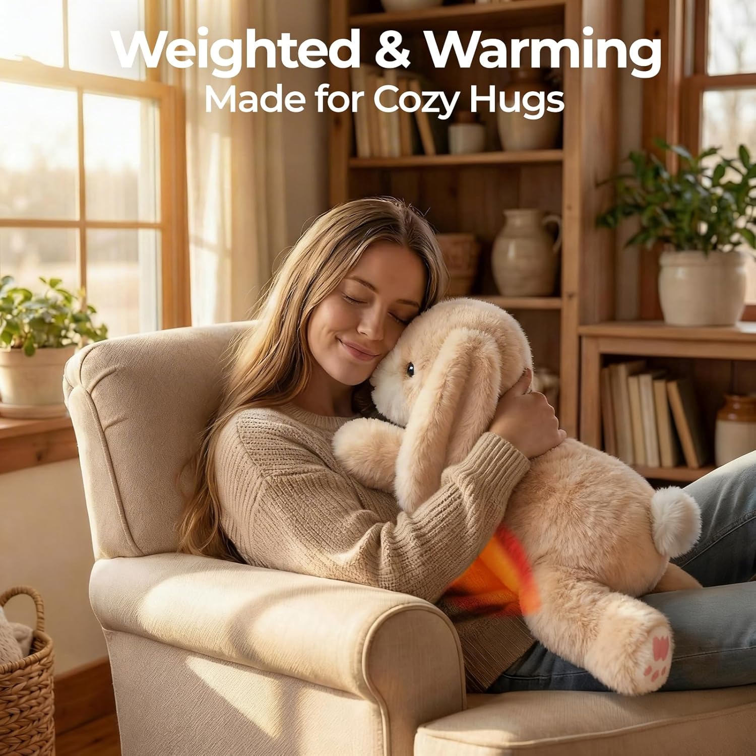 Detalle de Mewaii weighted teddy bunny plush (Cream White) with heatable/coolable inner pad, microwavable design