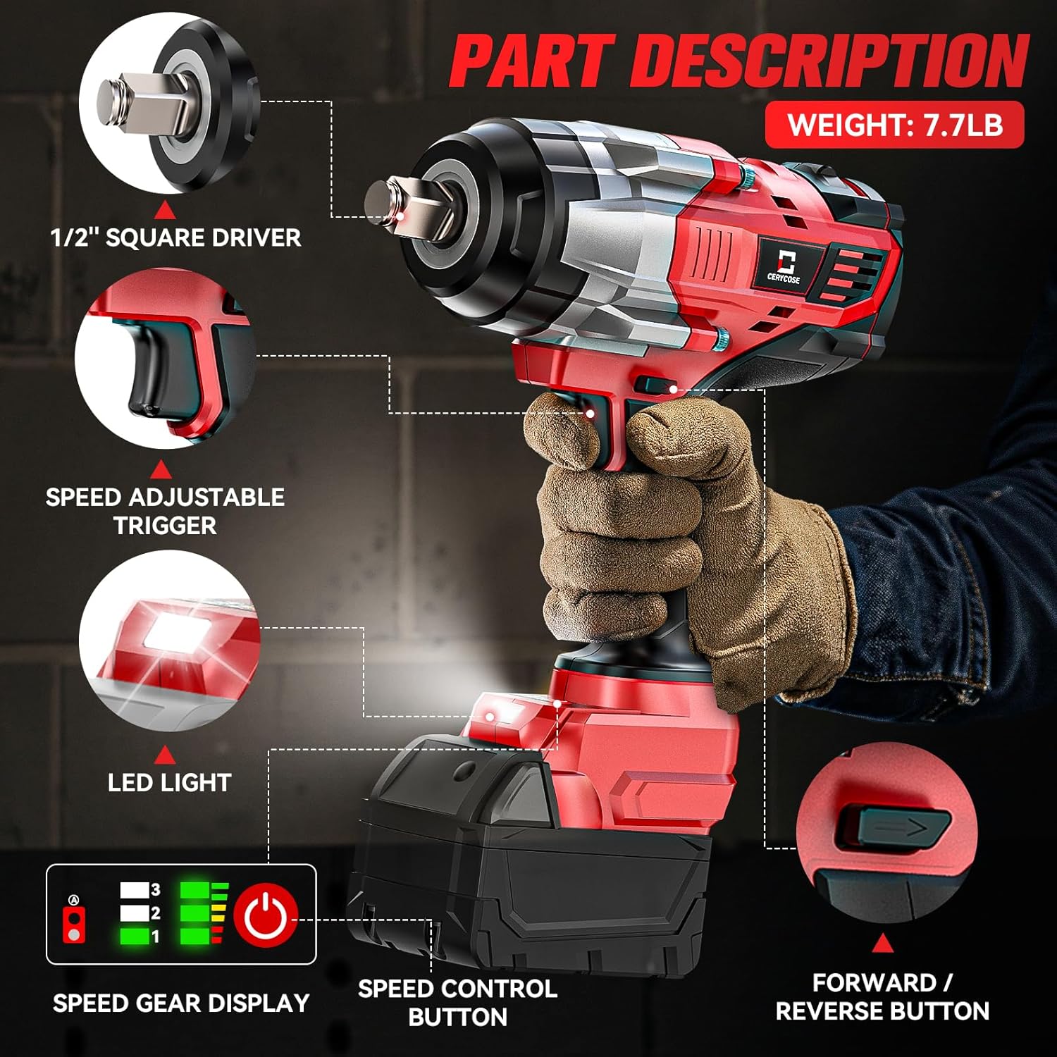 Detalle 2 de Cordless Impact Wrench 1/2 Inch — 1700 FT-LBS Heavy-Duty, Milwaukee 18V Compatible (Bare Tool)