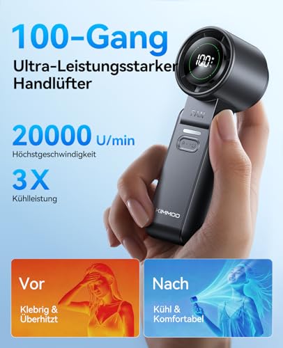 Detalle de KIMMOO 3-in-1 Turbo-Handventilator – 100 Stufen, 20000 U/min, 12 Std. Akku, USB-Aufladung, 120° Schwenkbar