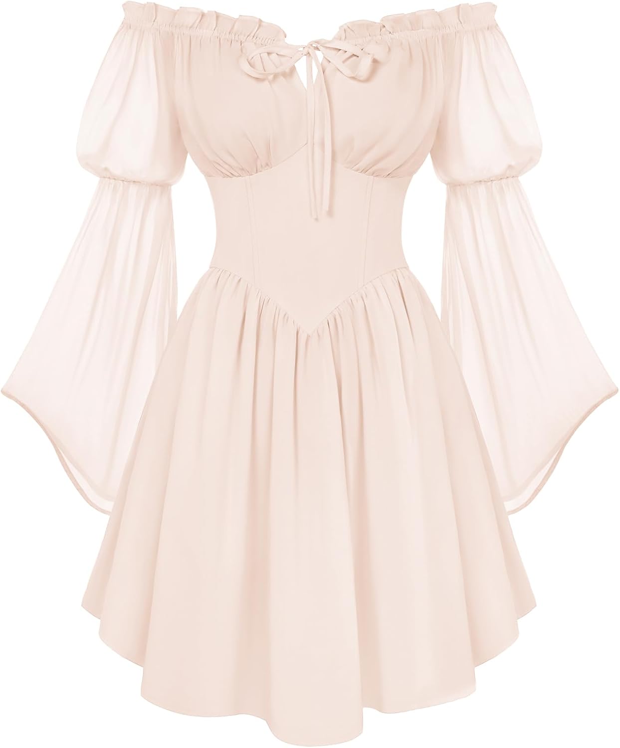 Detalle de Scarlet Darkness Renaissance Faire Dress with Pockets, Off-Shoulder Neckline and Bell Sleeves