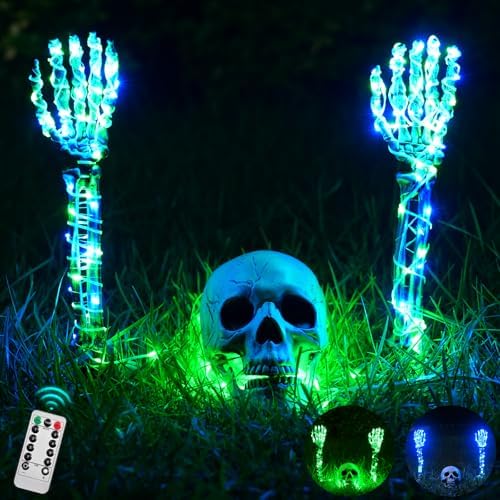 Detalle de Maxee Halloween-Skelett-Set mit Totenkopf, Händen und LED-Lichterketten mit Timer