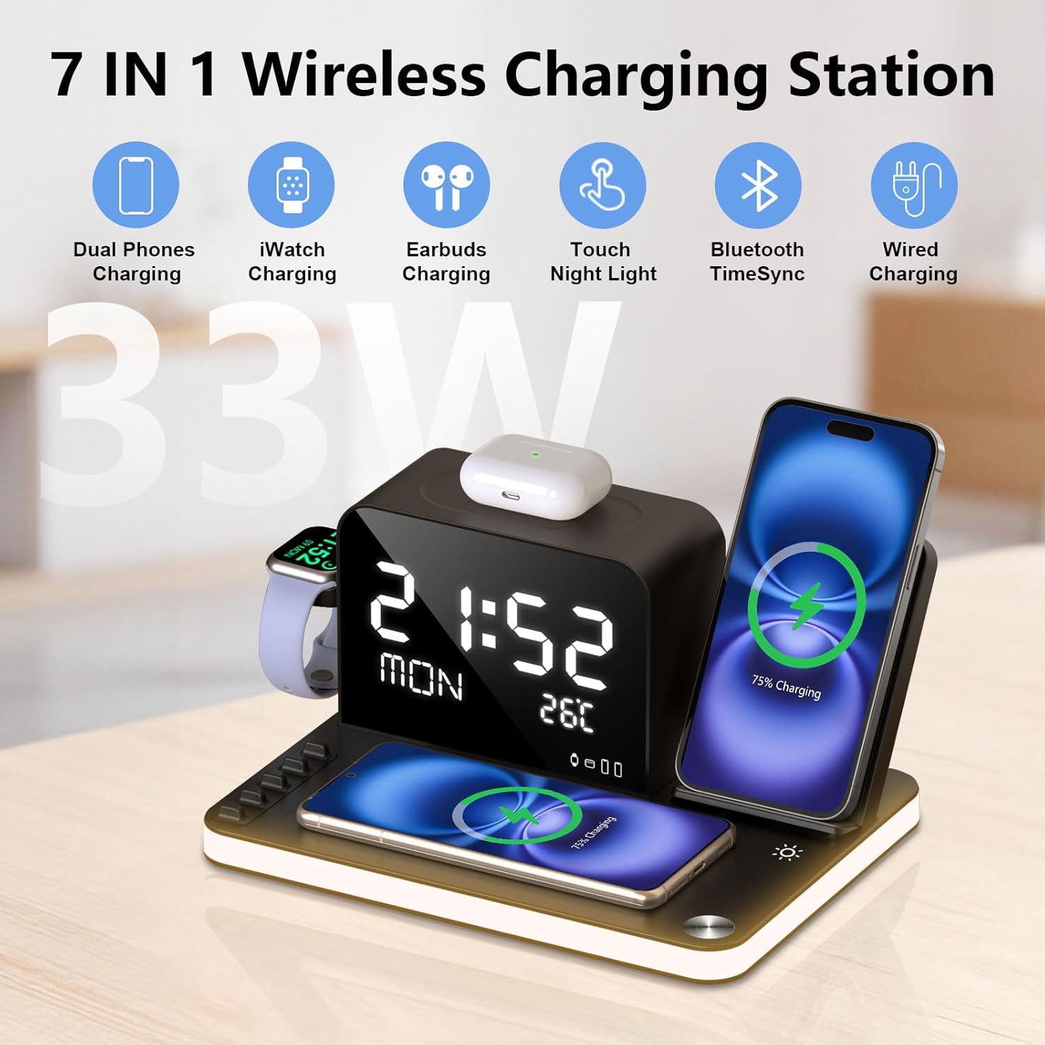 Detalle 2 de Caricabatterie wireless 7 in 1 con orologio e luce notturna: ricarica rapida per iPhone, AirPods, Apple Watch e altro