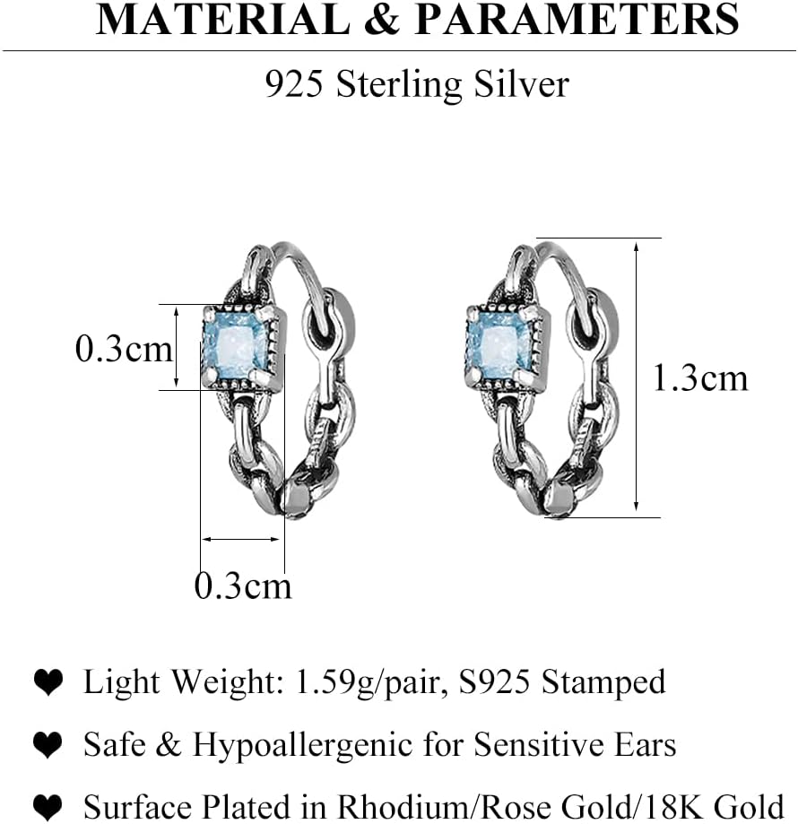 Detalle 2 de SLUYNZ 925 Sterling Silver Blue CZ Hoop Earrings for Women – 1.3 cm Link Huggie