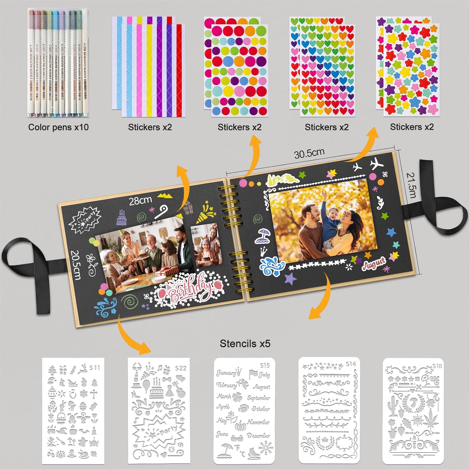 Detalle de YILEEY Fotoalbum zum Selbstgestalten – DIY Scrapbook mit Zubehör, 80 Seiten in Schwarz, Weinrot