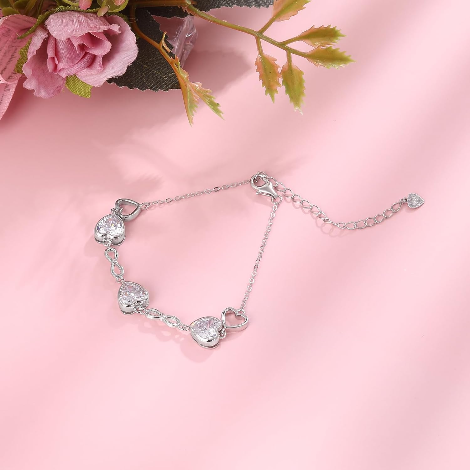 Thumbnail 1 de Qings 3 Heart Birthstone Bracelet for Women – Sterling Silver 925, Infinity Symbol, Adjustable 16+5 cm
