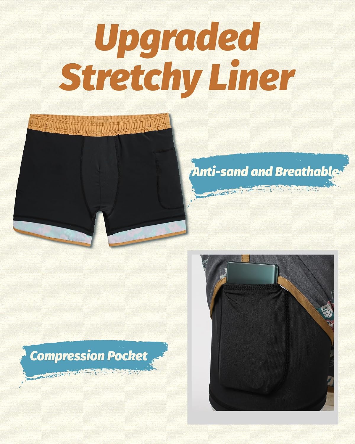 Detalle de Maamgic Men's 80s/90s Vintage 5.5" Swim Trunks - 2-in-1 Quick Dry Board Shorts