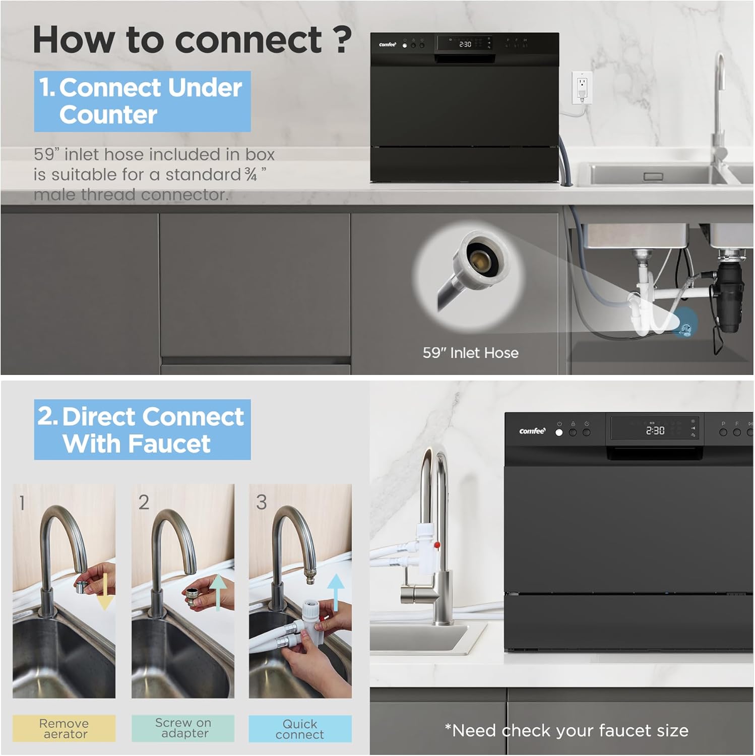 Detalle de COMFEE' CDC22P1BBB Countertop Dishwasher, 6 Place Settings, 8 Cycles, Black
