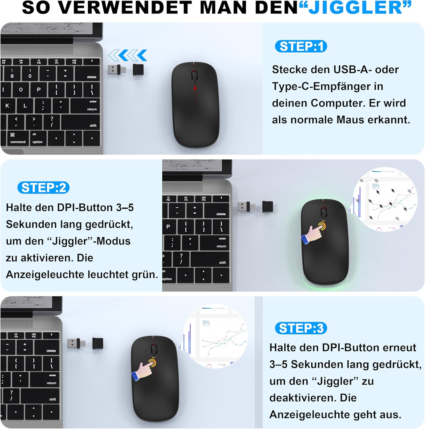 Thumbnail 2 de Azmall kabellose Maus mit Jiggler-Modus – Bluetooth 5.2 & 2,4G Funk, 1600 DPI, Schwarz
