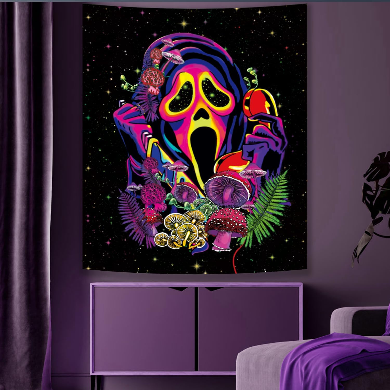 Detalle de Cyiecw wandtapijt 150 x 130 cm met UV-reactieve paddenstoelenprint