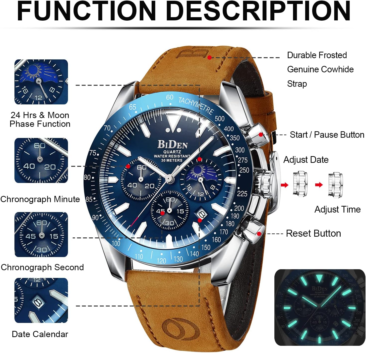 Thumbnail 6 de HANPOSH Herrenuhr Chronograph – Edelstahl, Quarz, Datum, 3 ATM Wasserdicht