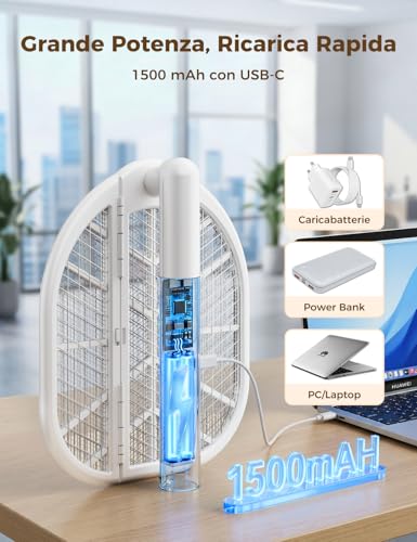 Detalle de AROEVE Racchetta Zanzare Elettrica Pieghevole 4000V, 1500mAh