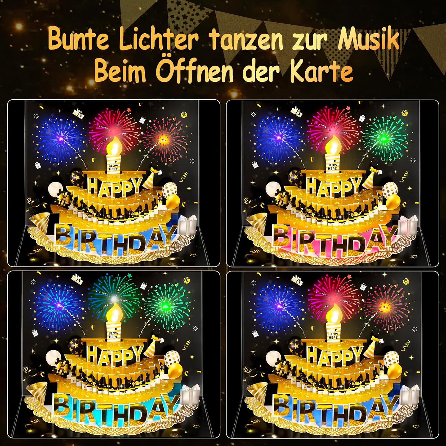 Thumbnail 1 de 3D-Pop-Up-Geburtstagskarte mit Lichtern und Sound – LED-Kerze, Melodie und Zauberhaftes 4-in-1-Grußkarten-Erlebnis