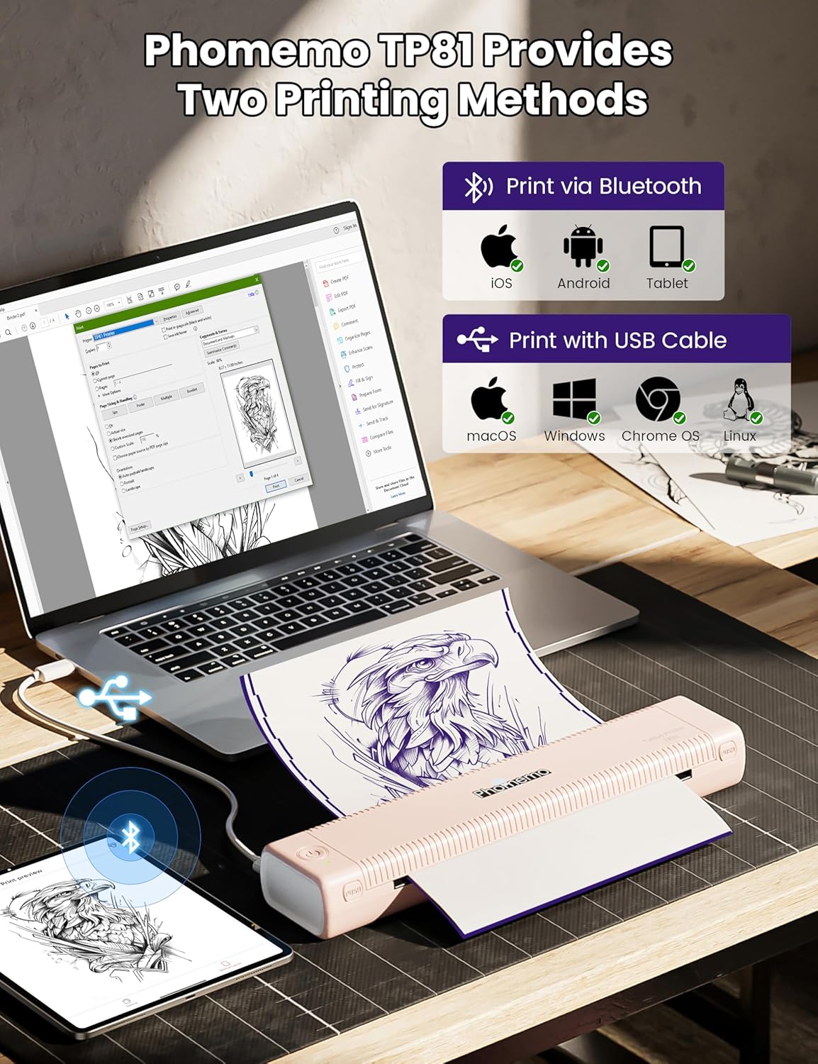 Thumbnail 2 de Phomemo TP81 Tattoo Printer (Stencil Printer) with 10 Tattoo Stencils Papers – Thermal Thermal Printer for Home or Studio, Pink