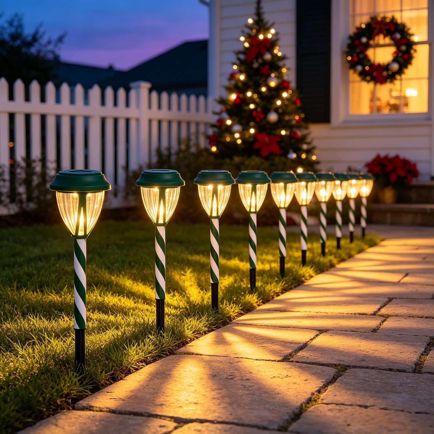 Detalle 1 de Dynaming DC23482SD-10 Solar Christmas Pathway Lights, Green Candy Cane, Warm White LED, 10-Pack