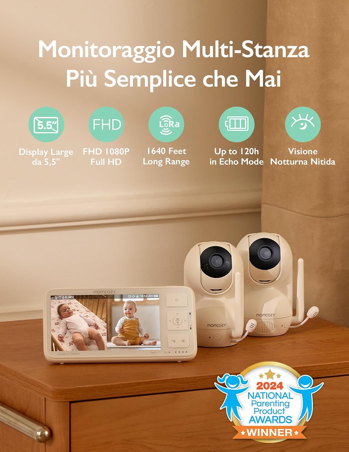 Thumbnail 1 de momcozy Baby Monitor 5.5" Full HD 1080P con 2 telecamere, schermo diviso e batteria 5000mAh (senza WiFi)
