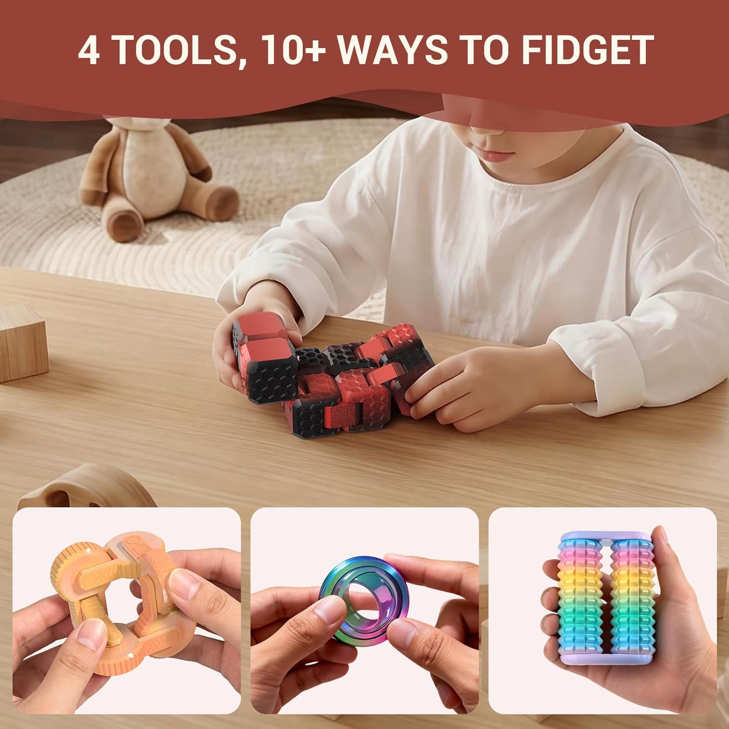 Detalle de JOYBLI 4-Piece Handheld Fidget Toy Set for Adults & Kids (Finger Spinners, Infinity Cube, Fidget Cube, Massage Roller)