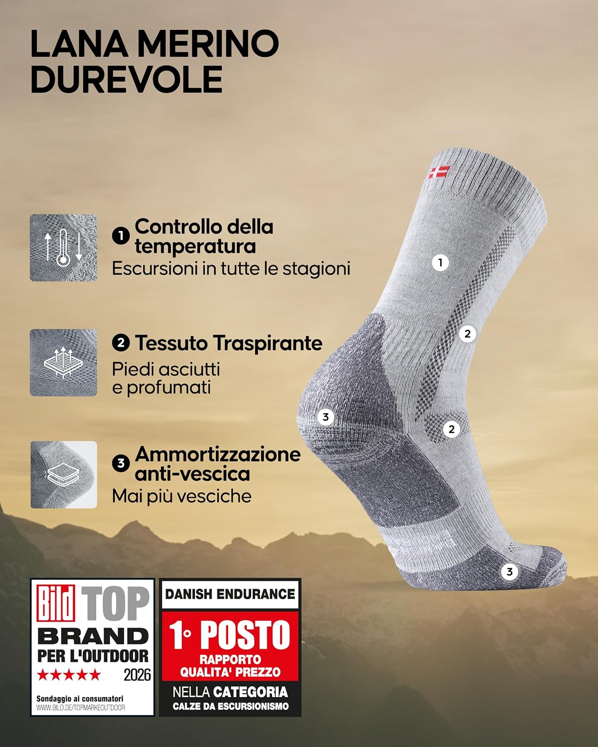 Detalle 2 de DANISH ENDURANCE Calze Trekking in Lana Merino anti-vesciche (uomo, donna, bambino) 3 o 5 paia