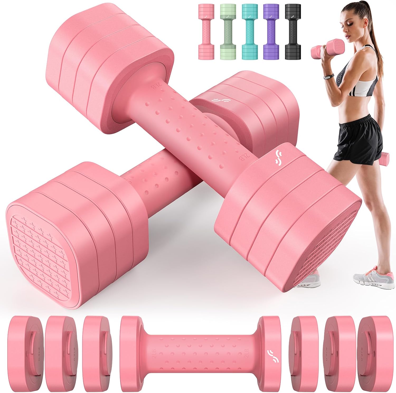 Detalle de Sportneer Dumbbells Set Women: 4-in-1 Adjustable Pair (2–5lbs each) for Home Gym