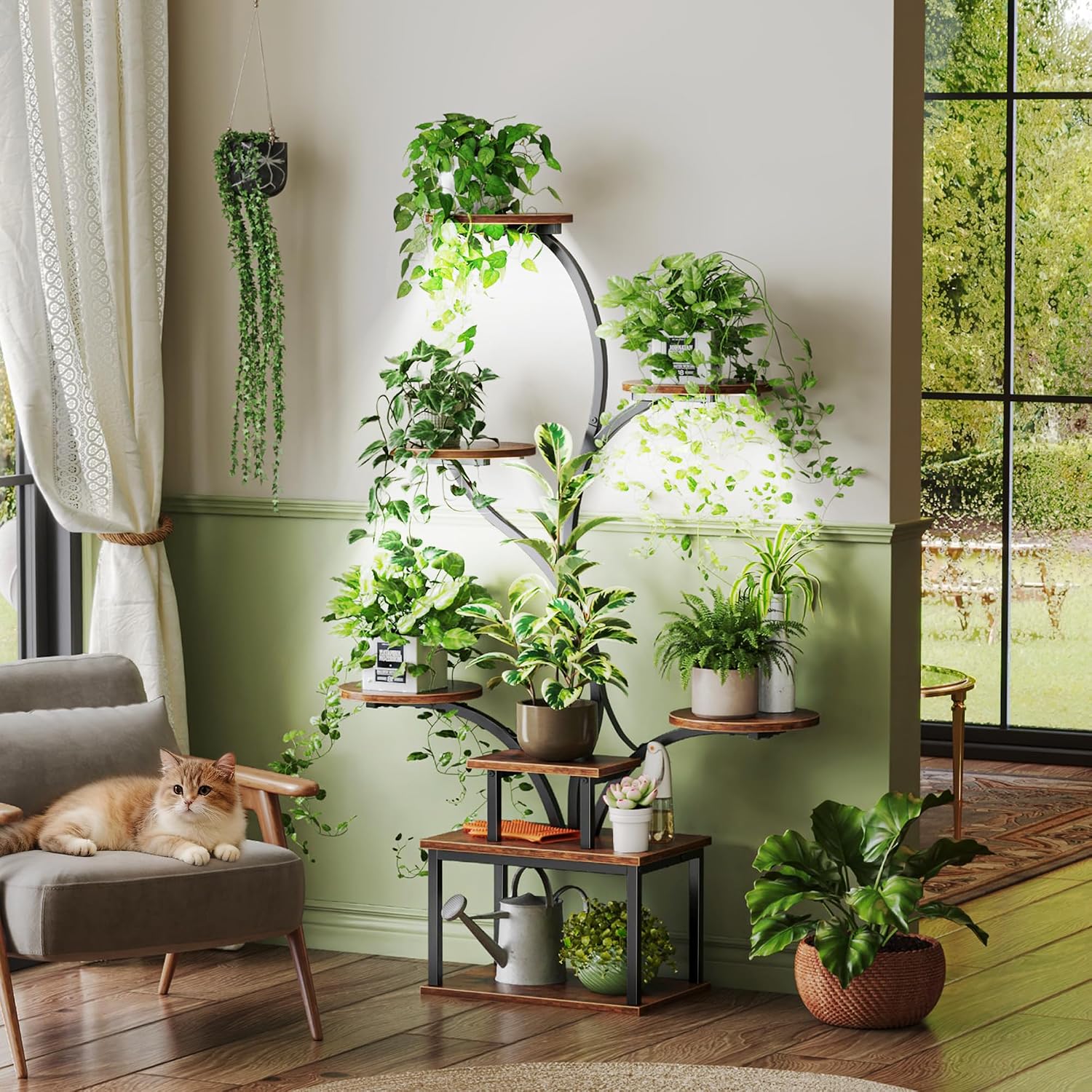 Detalle 2 de PRAISUN 51-Inch Plant Stand with Grow Lights, 8-Tier Corner Shelf, Rustic Brown
