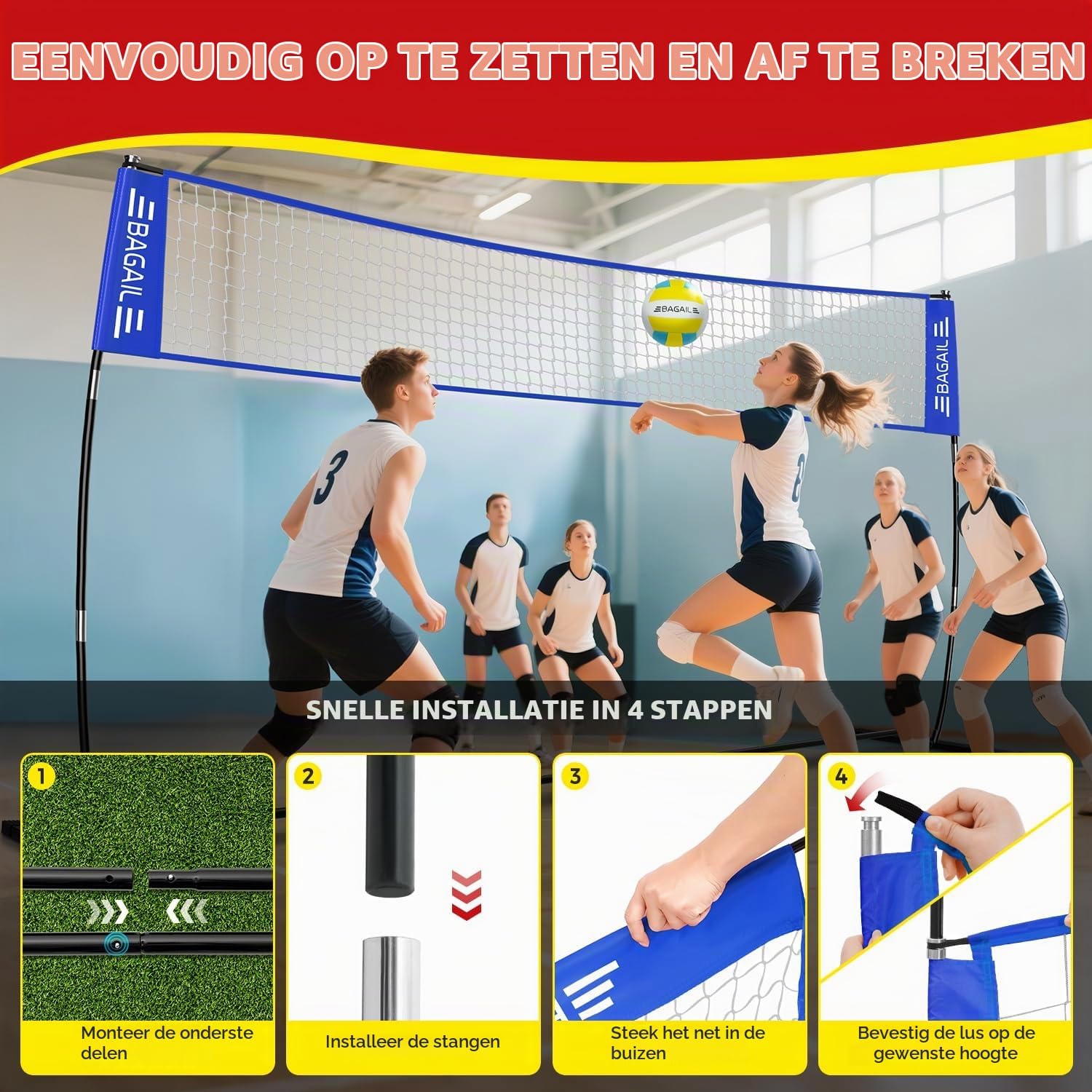 Detalle 2 de BAGAIL VN01-Blue volleybalnet, 3,6 m, verstelbaar en vrijstaand