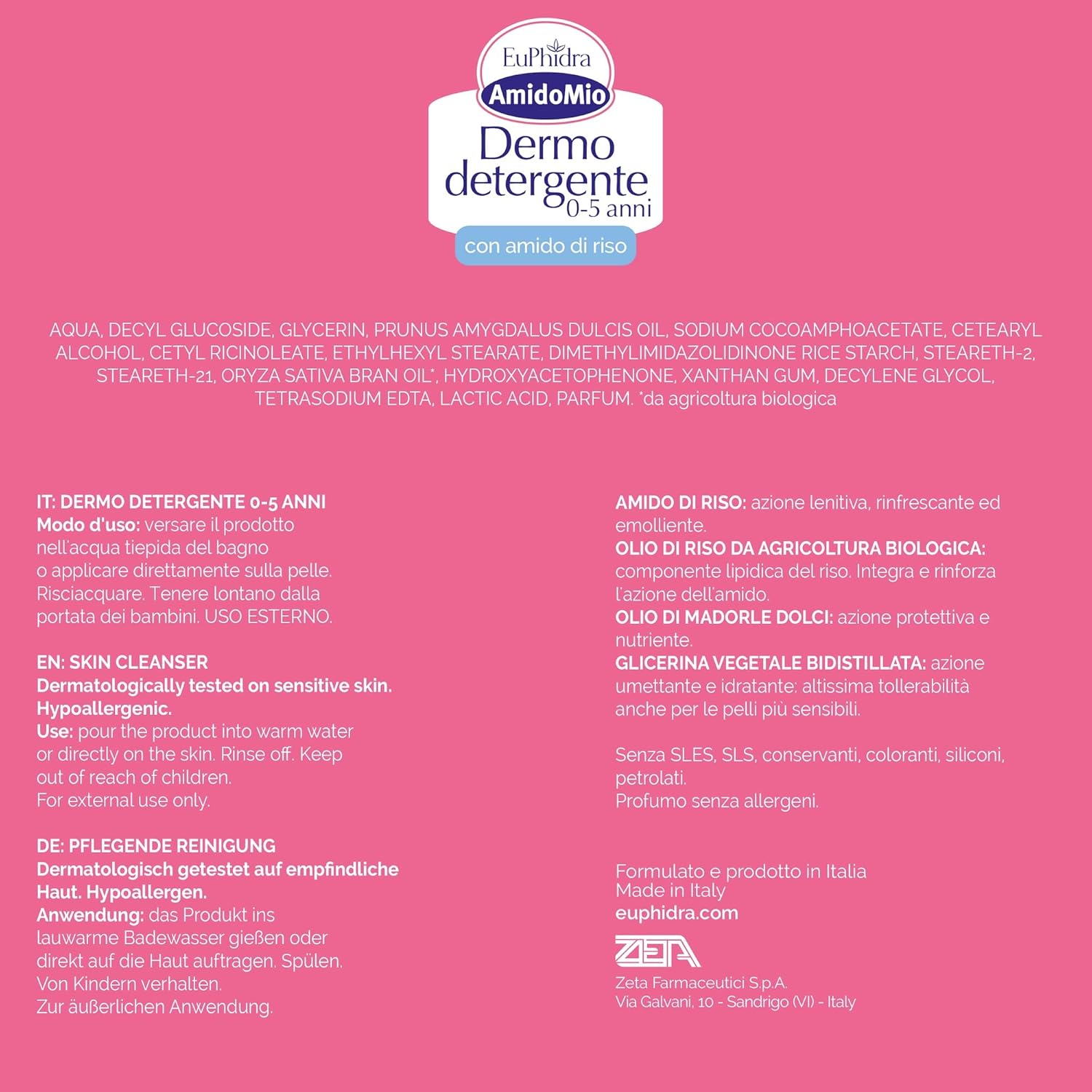 Detalle 2 de Euphidra AmidoMio Dermo Detergente 12 Flaconi da 400 ml – Detersione delicata per bambini 0–5 anni