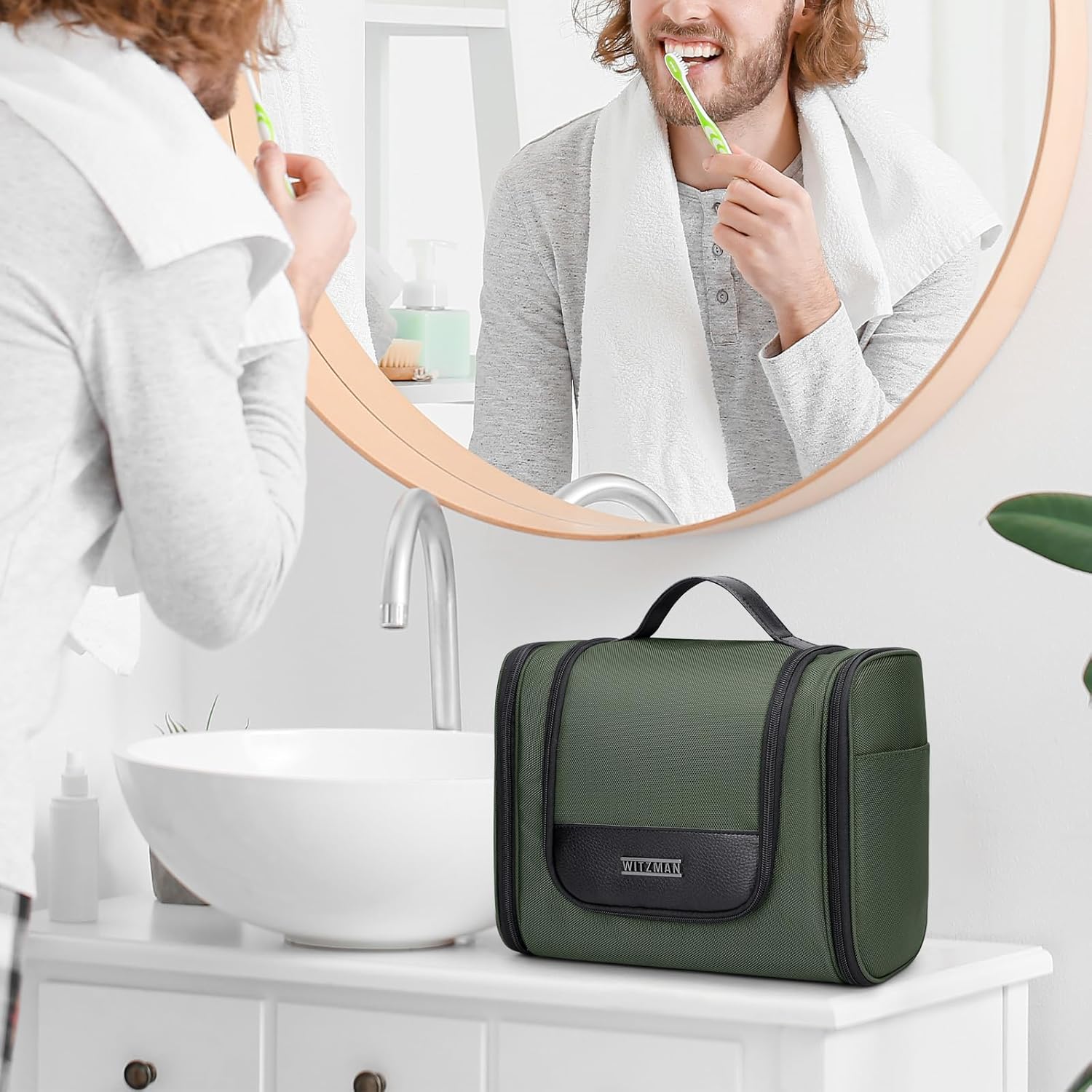 Thumbnail 2 de WITZMAN Large Hanging Toiletry Bag (Army Green) – Multi-Compartment Dopp Kit for Travel