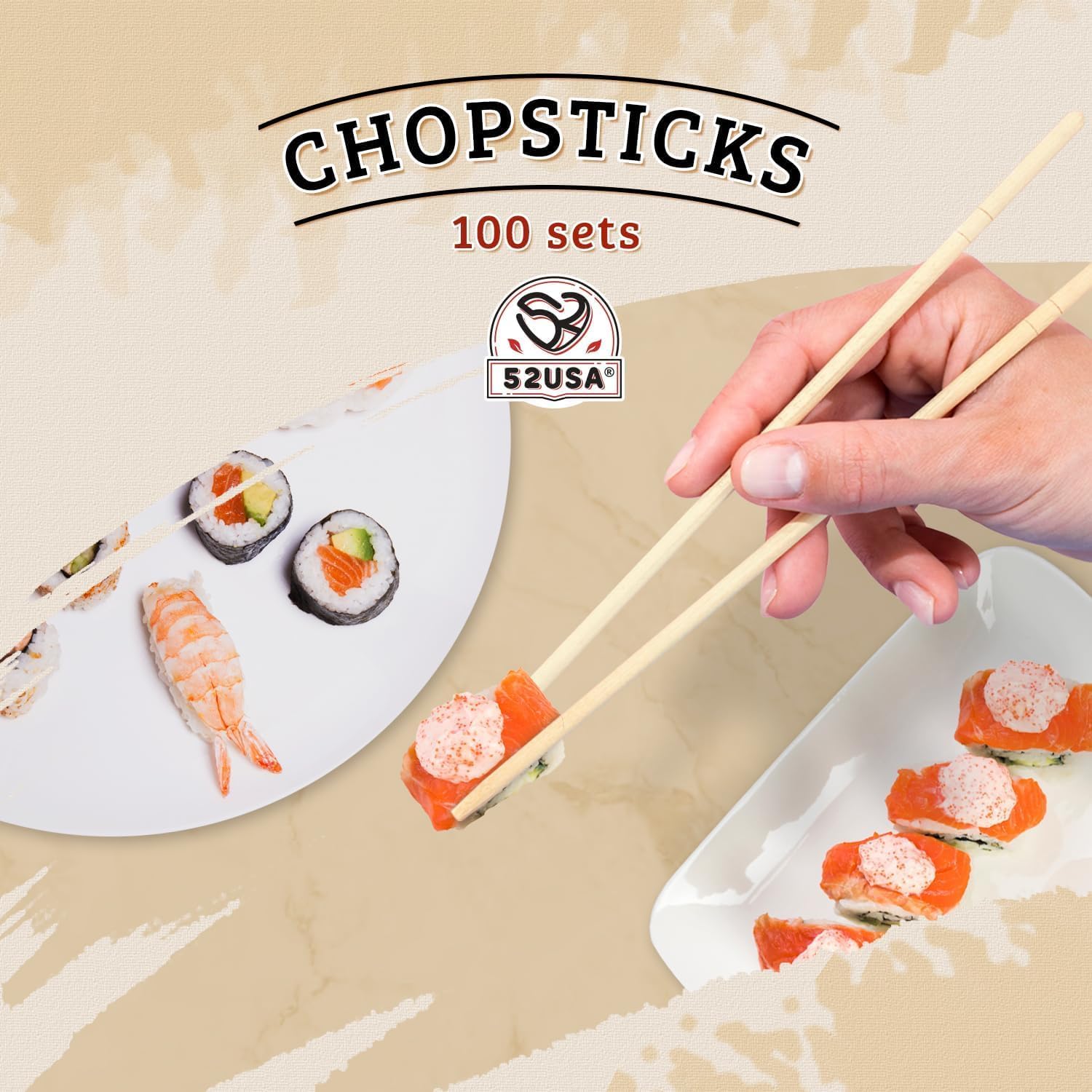Detalle de 52USA 52-CCB-100-706 Disposable Bamboo Chopsticks, 9-Inch, Individually Wrapped